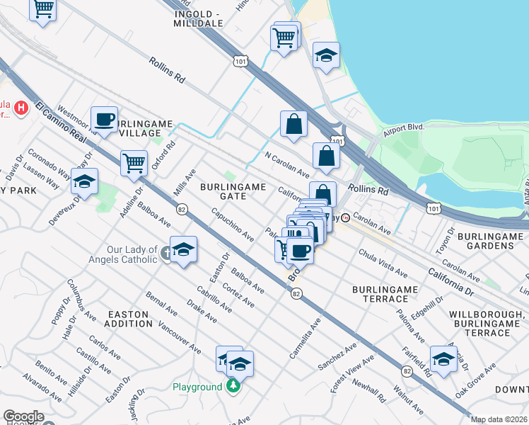 map of restaurants, bars, coffee shops, grocery stores, and more near 1311 Laguna Avenue in Burlingame