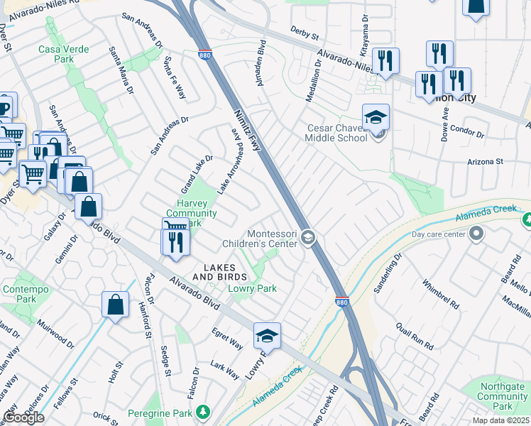 map of restaurants, bars, coffee shops, grocery stores, and more near 3501 Lake Ontario Drive in Fremont
