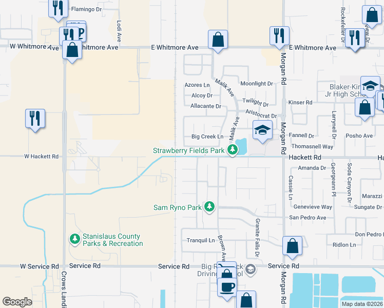 map of restaurants, bars, coffee shops, grocery stores, and more near 811 Avenida Real in Ceres