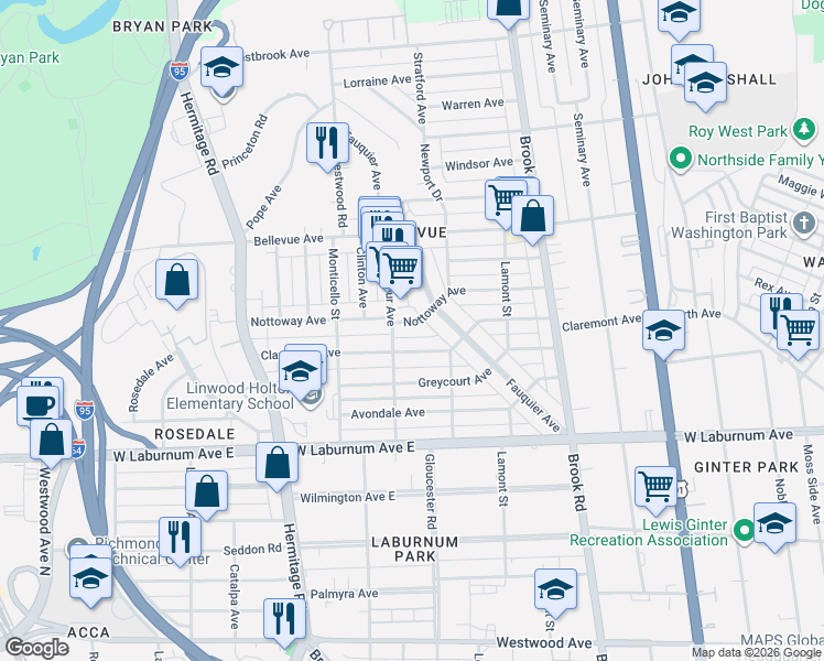 map of restaurants, bars, coffee shops, grocery stores, and more near 4000 Fauquier Avenue in Richmond
