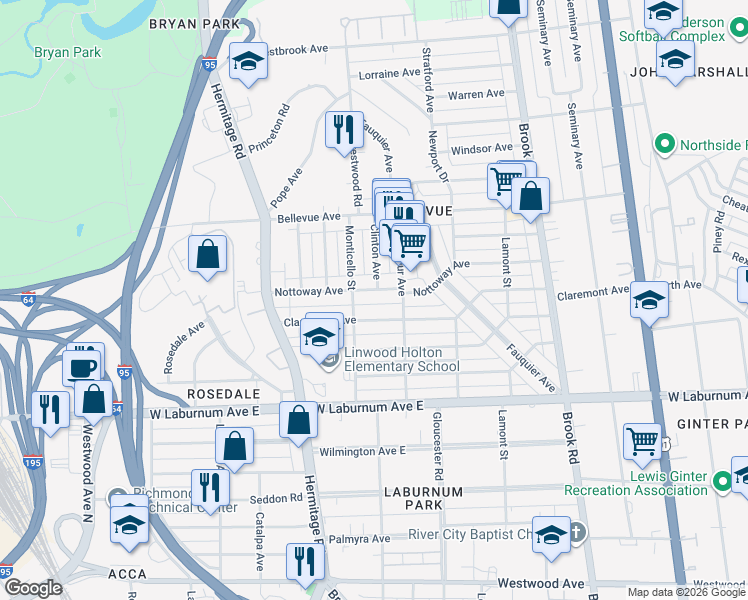 map of restaurants, bars, coffee shops, grocery stores, and more near 1518 Nottoway Avenue in Richmond