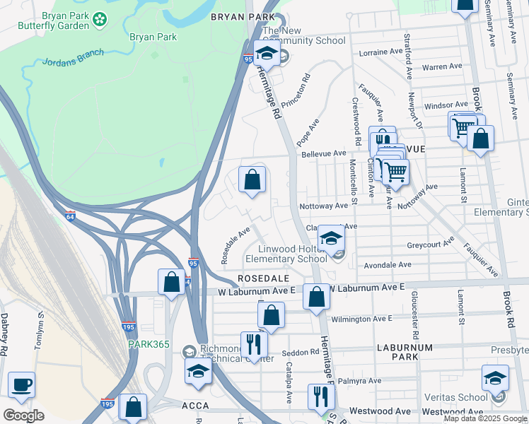 map of restaurants, bars, coffee shops, grocery stores, and more near 1715 Bellevue Avenue in Richmond