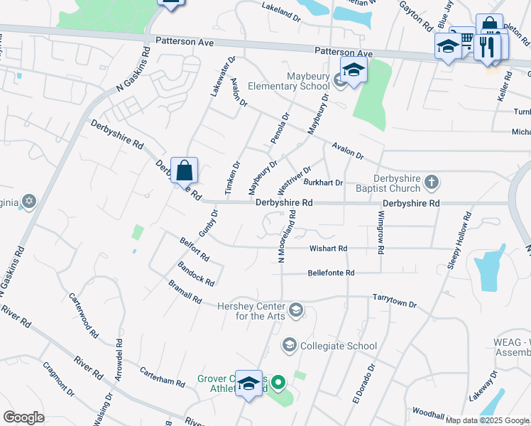 map of restaurants, bars, coffee shops, grocery stores, and more near 9206 Derbyshire Road in Richmond
