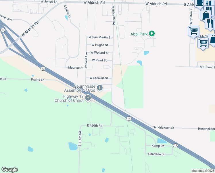 map of restaurants, bars, coffee shops, grocery stores, and more near W. Stewart Street in Bolivar