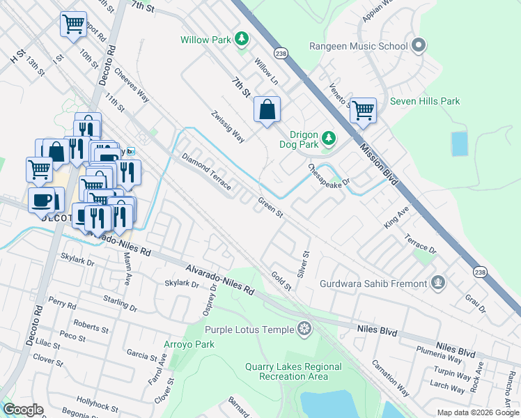 map of restaurants, bars, coffee shops, grocery stores, and more near 1050 Green Street in Union City