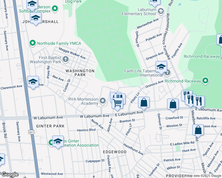 map of restaurants, bars, coffee shops, grocery stores, and more near 3993 East Chatham Drive in Richmond