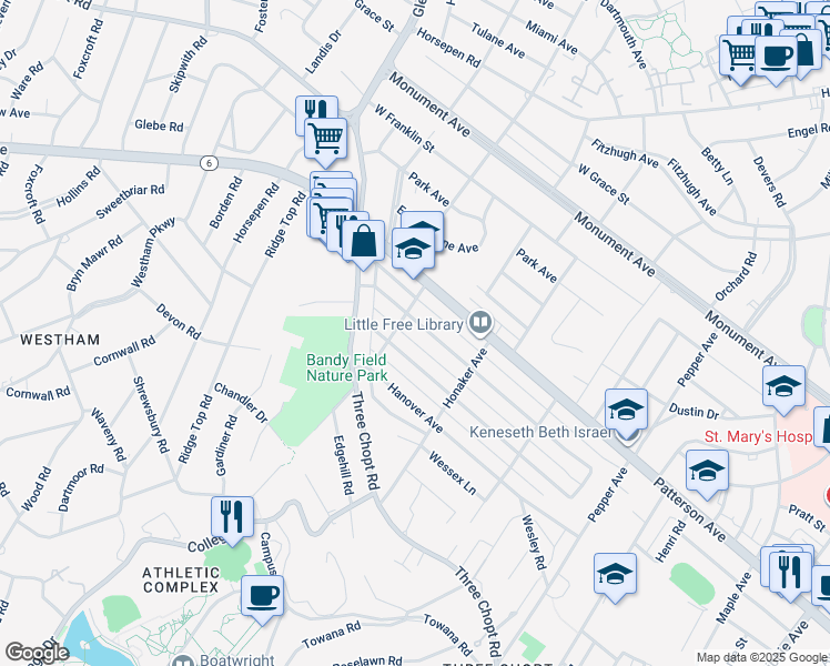 map of restaurants, bars, coffee shops, grocery stores, and more near 6729 Kensington Avenue in Richmond
