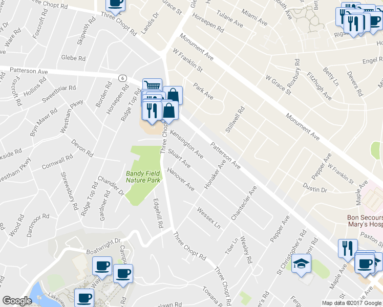 map of restaurants, bars, coffee shops, grocery stores, and more near 6729 Kensington Avenue in Richmond