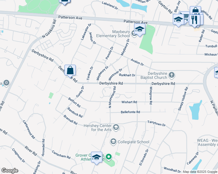 map of restaurants, bars, coffee shops, grocery stores, and more near 9027 Wood Sorrel Drive in Henrico