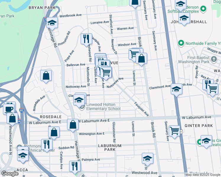 map of restaurants, bars, coffee shops, grocery stores, and more near 1409 Nottoway Avenue in Richmond