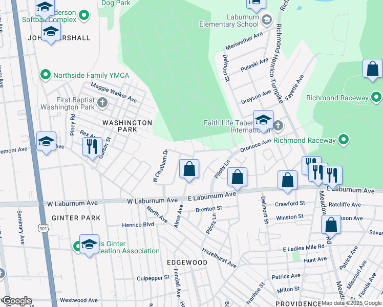 map of restaurants, bars, coffee shops, grocery stores, and more near 100 North Chatham Drive in Richmond