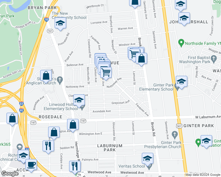 map of restaurants, bars, coffee shops, grocery stores, and more near 1409 Nottoway Avenue in Richmond