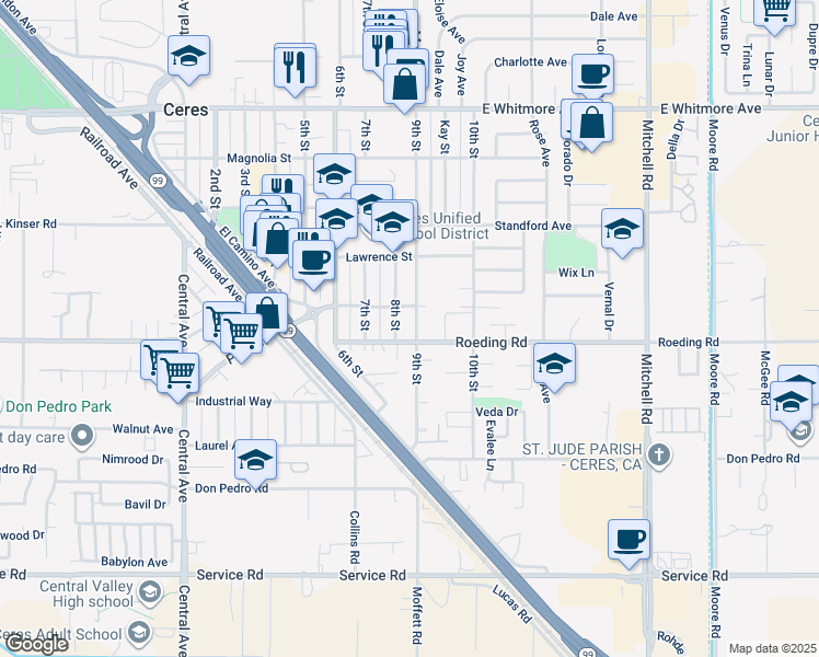 map of restaurants, bars, coffee shops, grocery stores, and more near 3201 9th Street in Ceres