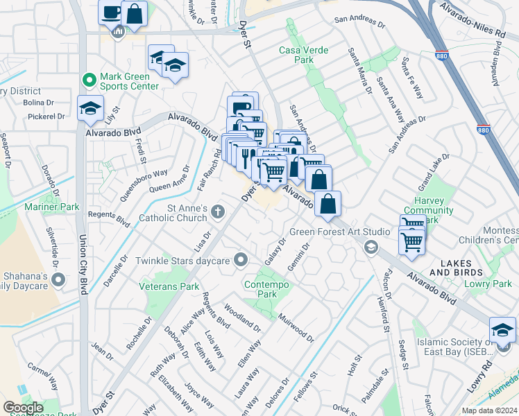 map of restaurants, bars, coffee shops, grocery stores, and more near 4138 Dyer Street in Union City