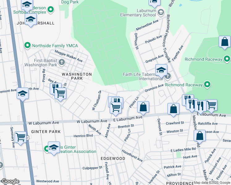 map of restaurants, bars, coffee shops, grocery stores, and more near 100 North Chatham Drive in Richmond