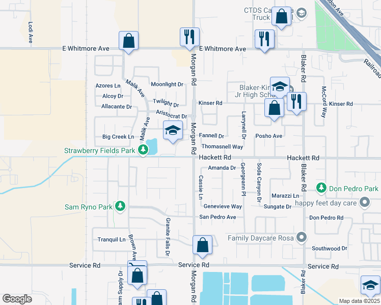 map of restaurants, bars, coffee shops, grocery stores, and more near 1211 Hackett Road in Ceres