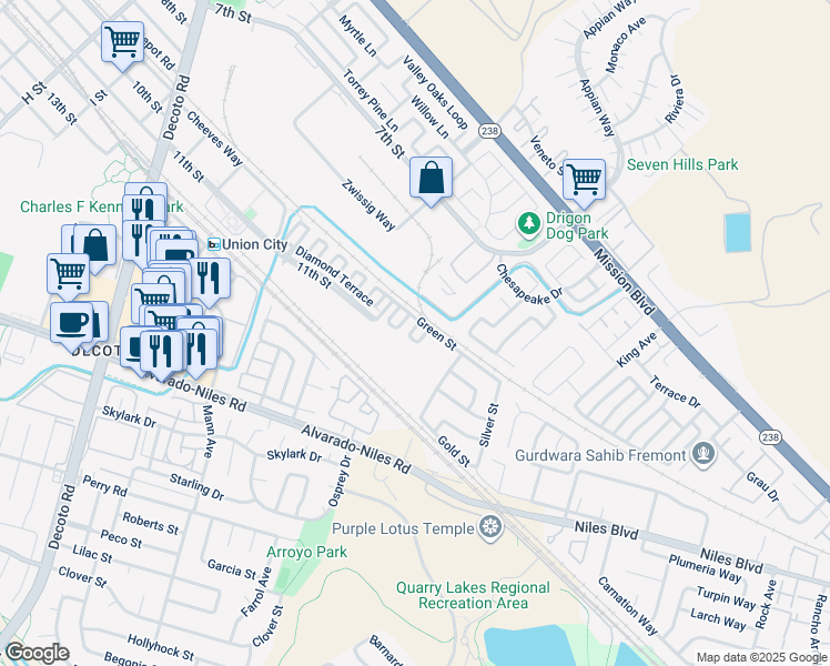 map of restaurants, bars, coffee shops, grocery stores, and more near 1070 Tourmaline Terrace in Union City