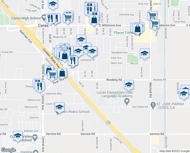 map of restaurants, bars, coffee shops, grocery stores, and more near 3229 9th Street in Ceres