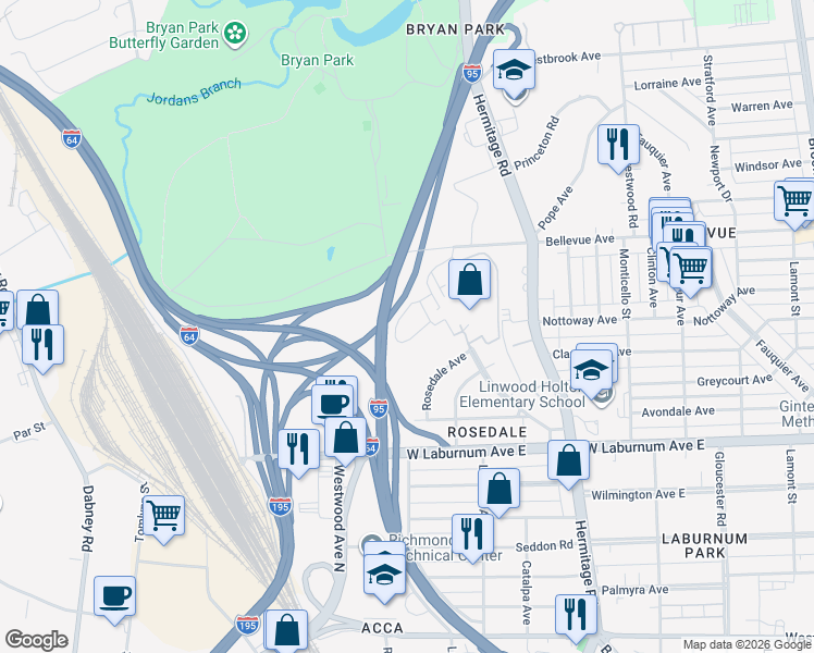 map of restaurants, bars, coffee shops, grocery stores, and more near 1719 Bellevue Avenue in Richmond