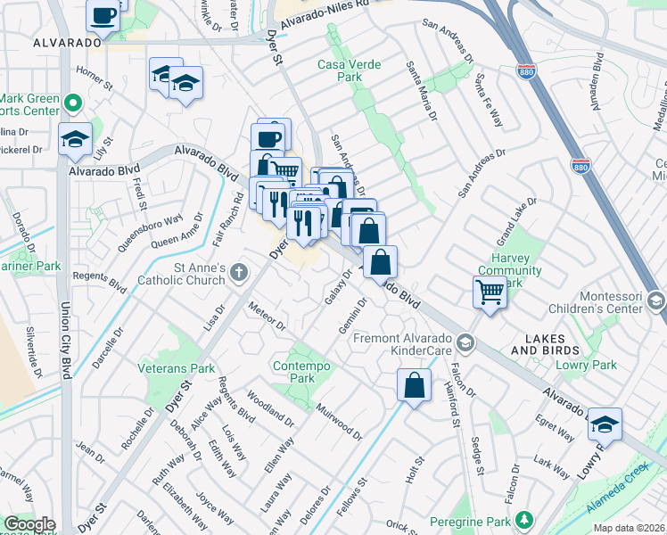 map of restaurants, bars, coffee shops, grocery stores, and more near 4100 Aquarius Circle in Union City