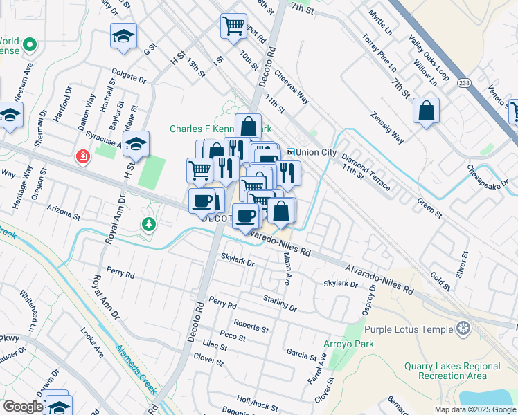 map of restaurants, bars, coffee shops, grocery stores, and more near 1748 Decoto Road in Union City