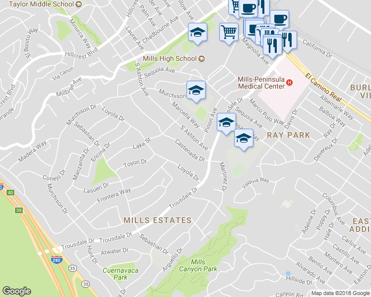 map of restaurants, bars, coffee shops, grocery stores, and more near 1800 Castenada Drive in Burlingame