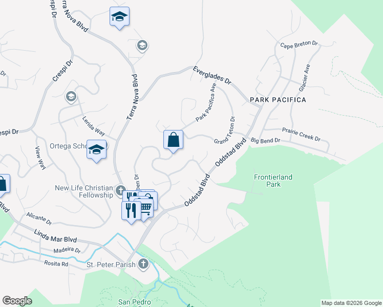 map of restaurants, bars, coffee shops, grocery stores, and more near 1042 Yosemite Drive in Pacifica