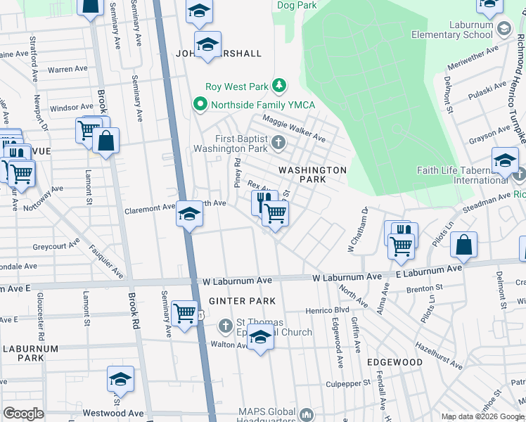 map of restaurants, bars, coffee shops, grocery stores, and more near 716 Oak Park Avenue in Richmond