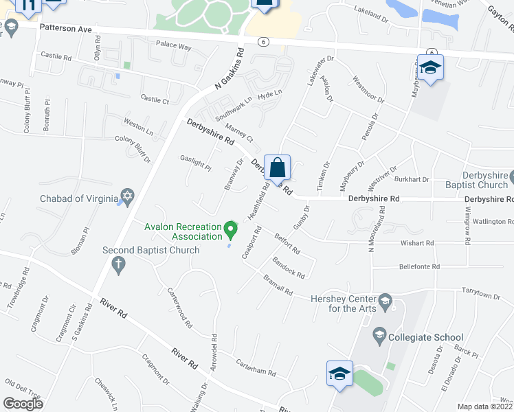 map of restaurants, bars, coffee shops, grocery stores, and more near 599 Heathfield Road in Henrico