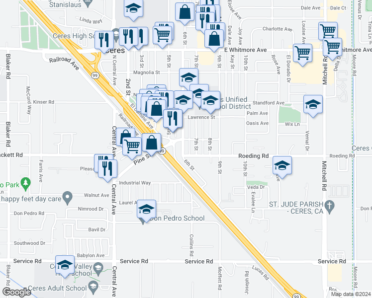 map of restaurants, bars, coffee shops, grocery stores, and more near 3228 6th Street in Ceres