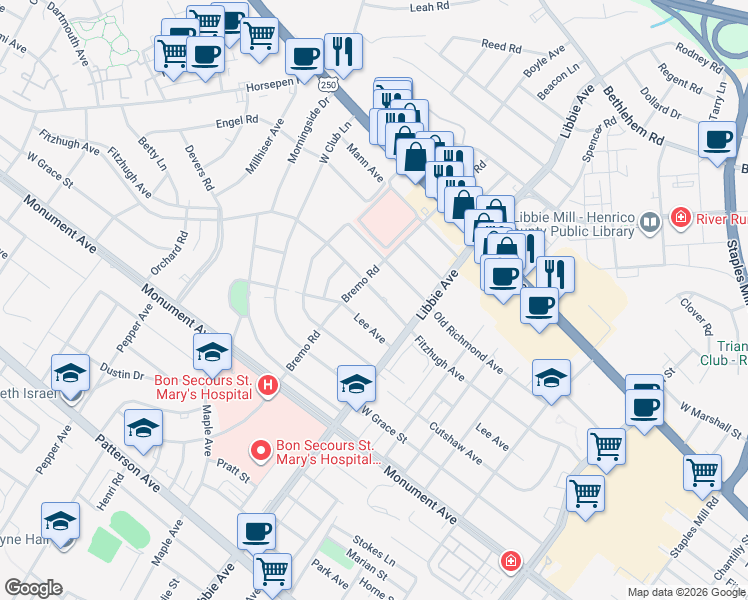 map of restaurants, bars, coffee shops, grocery stores, and more near 5812 Fitzhugh Avenue in Richmond