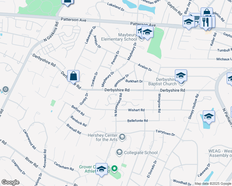 map of restaurants, bars, coffee shops, grocery stores, and more near 9039 Wood Sorrel Drive in Henrico