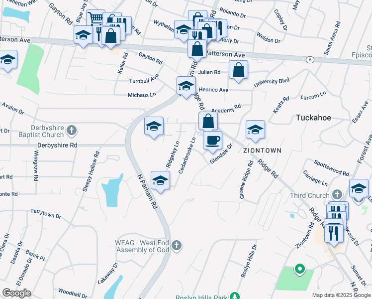 map of restaurants, bars, coffee shops, grocery stores, and more near 522 Cedarbrooke Lane in Henrico