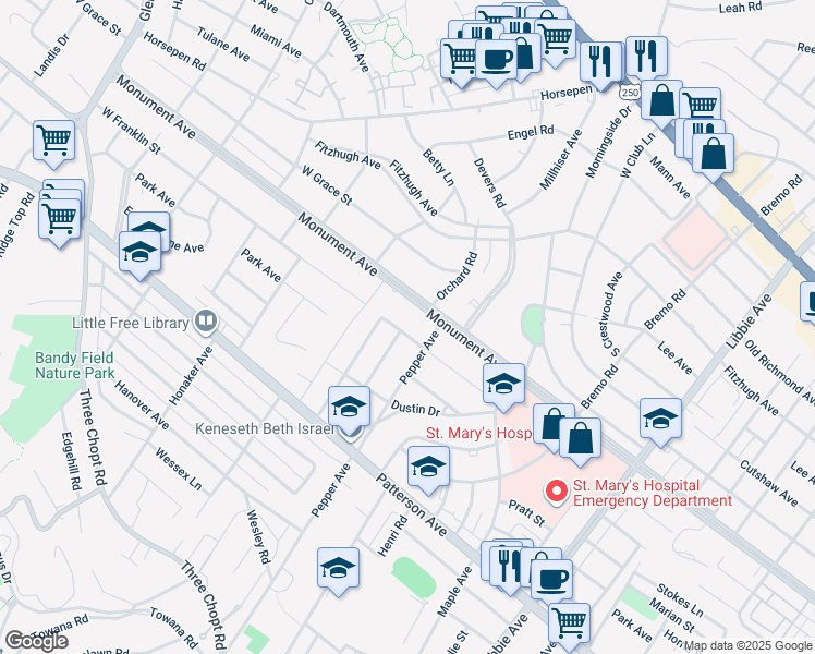 map of restaurants, bars, coffee shops, grocery stores, and more near 6306 West Franklin Street in Richmond
