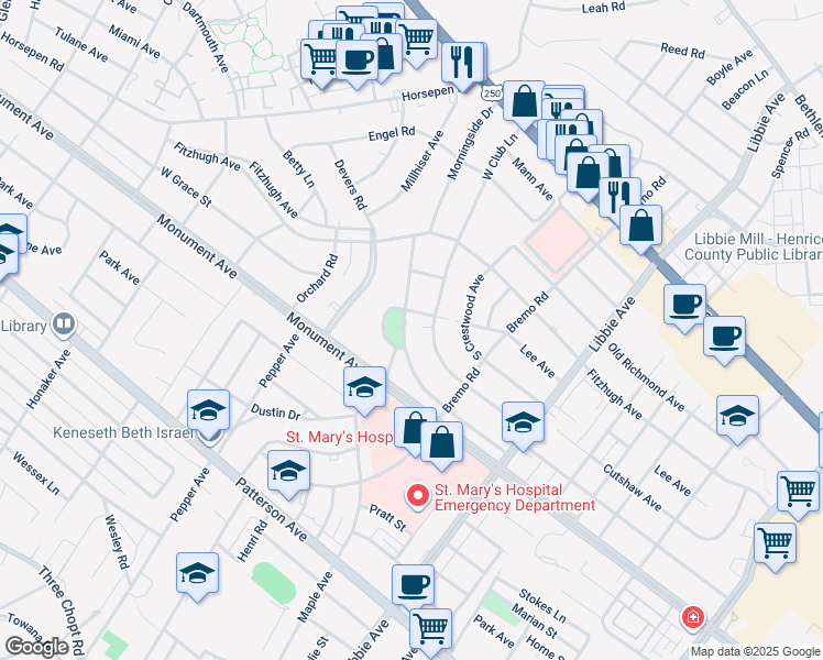 map of restaurants, bars, coffee shops, grocery stores, and more near 5926 Morningside Drive in Richmond