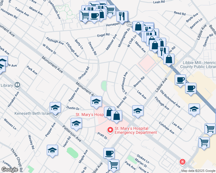 map of restaurants, bars, coffee shops, grocery stores, and more near 5926 Morningside Drive in Richmond