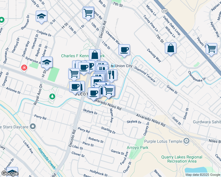 map of restaurants, bars, coffee shops, grocery stores, and more near 33 Union Square in Union City