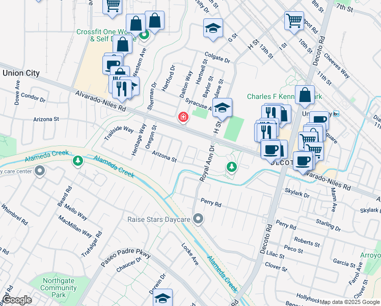 map of restaurants, bars, coffee shops, grocery stores, and more near 34230 Arizona Street in Union City