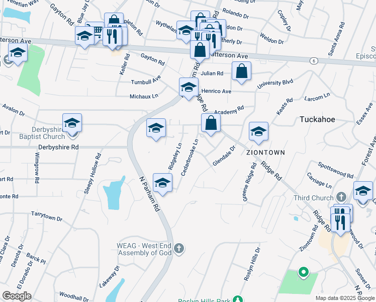 map of restaurants, bars, coffee shops, grocery stores, and more near 522 Cedarbrooke Lane in Henrico