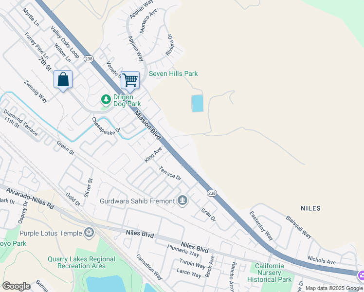 map of restaurants, bars, coffee shops, grocery stores, and more near 35216 Noel Place in Fremont