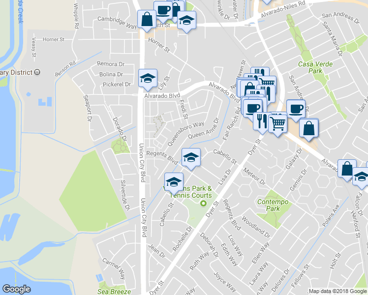 map of restaurants, bars, coffee shops, grocery stores, and more near 4475 Queen Anne Drive in Union City