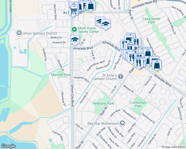 map of restaurants, bars, coffee shops, grocery stores, and more near 4475 Queen Anne Drive in Union City