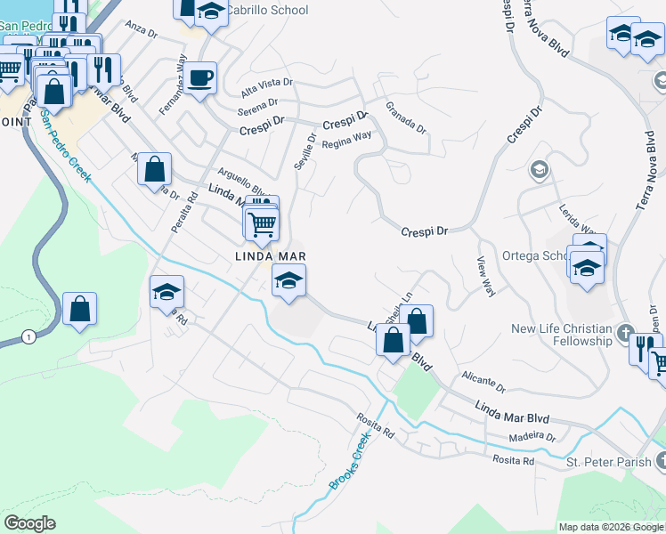 map of restaurants, bars, coffee shops, grocery stores, and more near 1295 Seville Dr in Pacifica