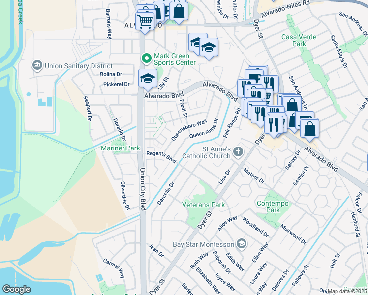 map of restaurants, bars, coffee shops, grocery stores, and more near 4475 Queen Anne Drive in Union City