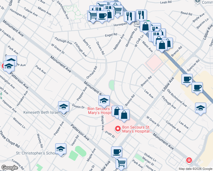 map of restaurants, bars, coffee shops, grocery stores, and more near 5907 Keystone Drive in Richmond