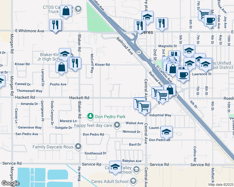 map of restaurants, bars, coffee shops, grocery stores, and more near 3209 Crownview Drive in Ceres