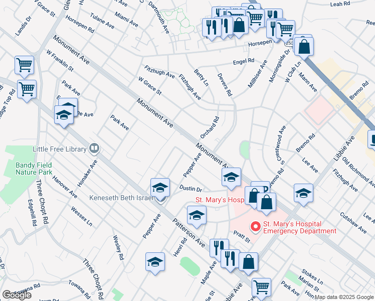 map of restaurants, bars, coffee shops, grocery stores, and more near 6306 West Franklin Street in Richmond