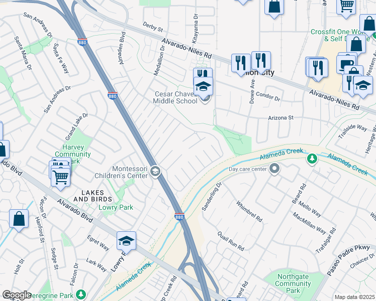 map of restaurants, bars, coffee shops, grocery stores, and more near 192 Hawaii Circle in Union City