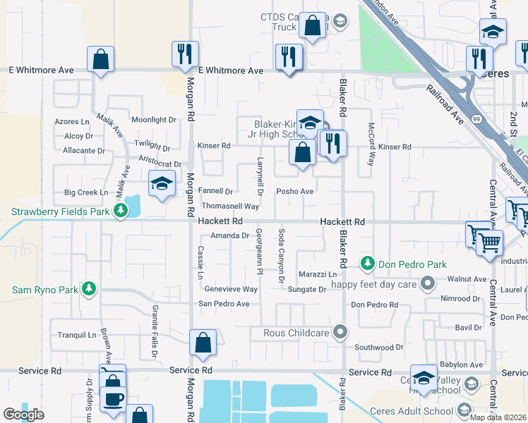 map of restaurants, bars, coffee shops, grocery stores, and more near 3201 Sanko Avenue in Ceres