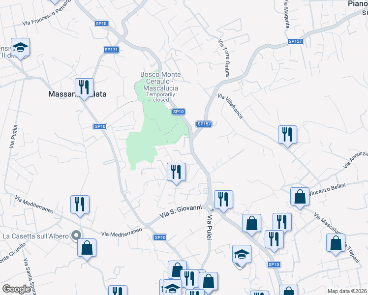 map of restaurants, bars, coffee shops, grocery stores, and more near 51 Via Pulei in Mascalucia